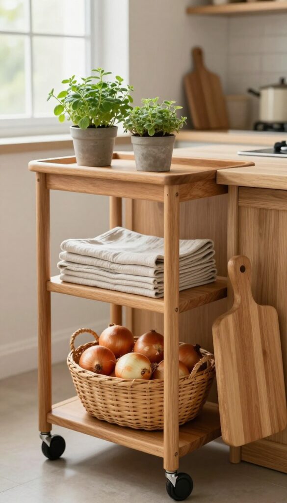 A slim wooden rolling cart in a warm, cozy kitchen with herbs, napkins, and a basket of onions.