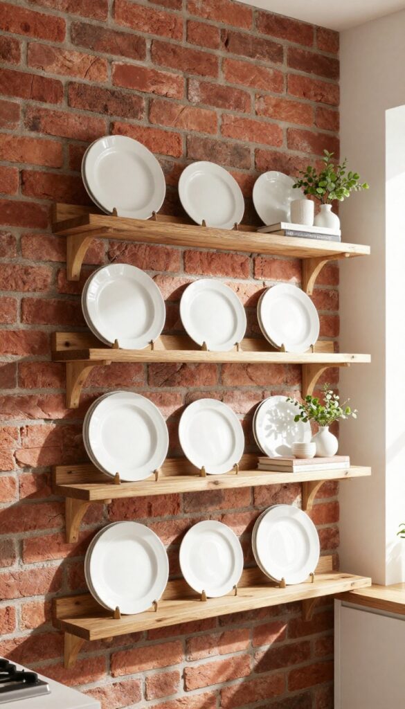 Open shelving on a brick wall in a modern kitchen with warm natural light