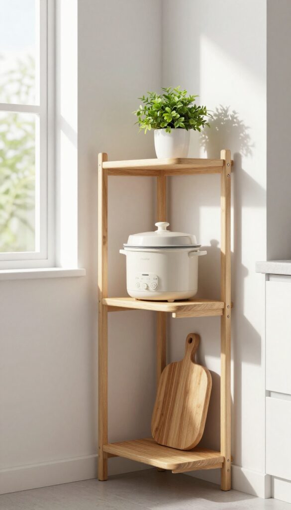 A light wooden leaning ladder shelf in a kitchen holding a slow cooker and a small plant, with natural light creating a clean, airy look.
