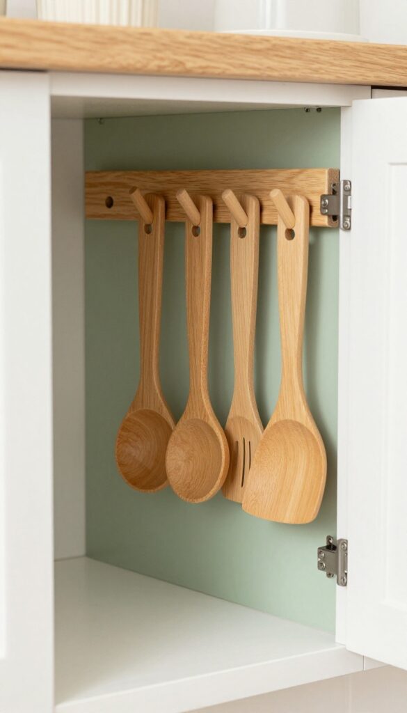 Open kitchen cabinet door with sage green pegboard inside holding wooden utensils