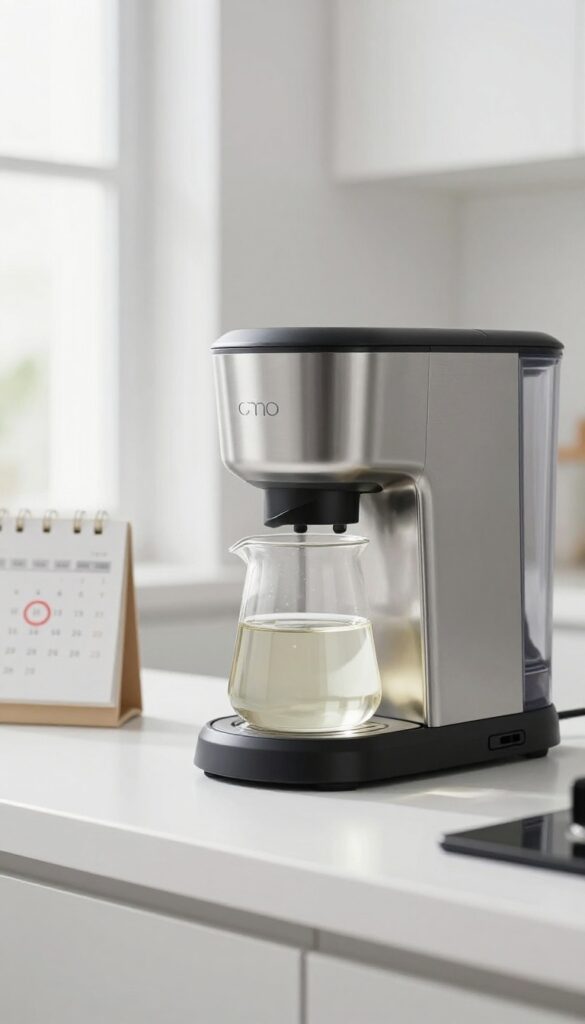 Coffee maker with vinegar solution and calendar reminder for monthly descaling