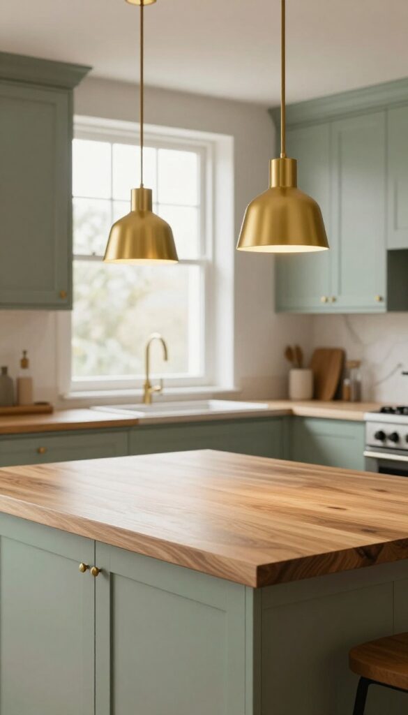 Two matte gold pendant lights hanging over a kitchen island with green cabinets and natural light.