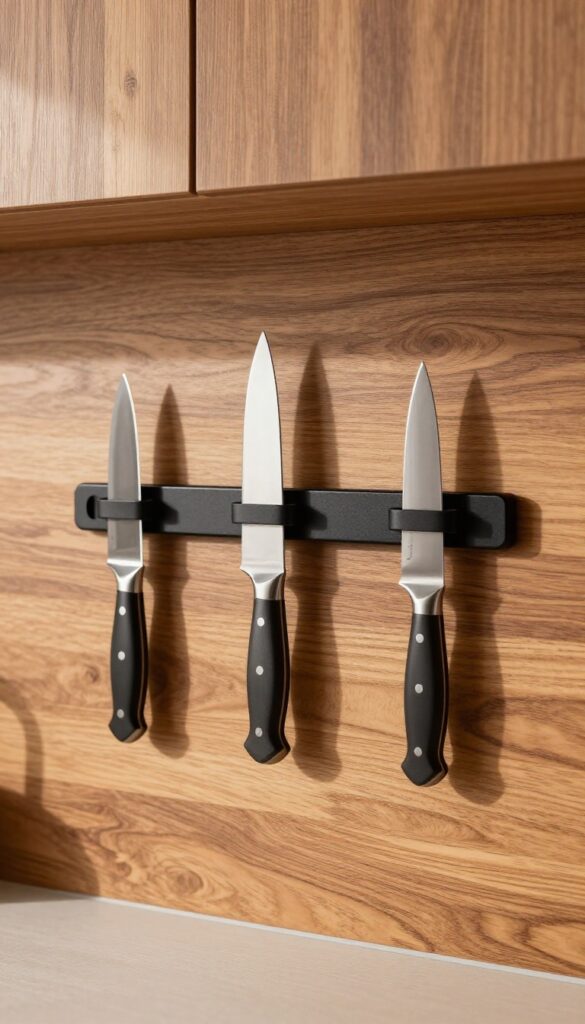 Magnetic knife strip mounted on a wooden backsplash with three chef's knives
