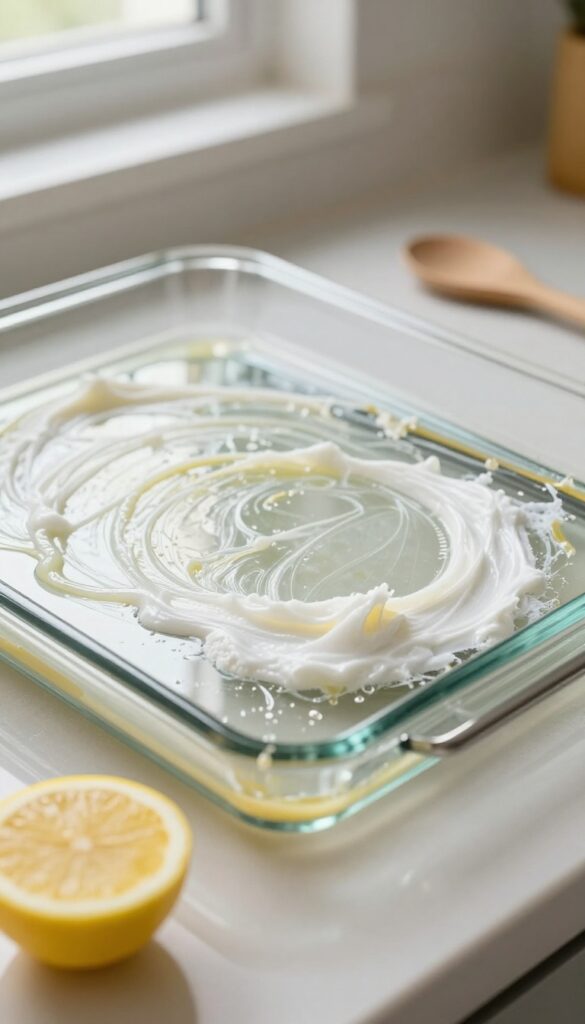 Close-up of baking soda and lemon juice paste on greasy oven door, with a lemon half on the counter.