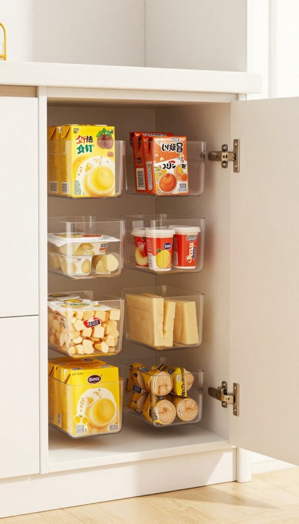 Open lower cabinet door with clear hanging pocket organizer filled with snacks, bright natural light, clean kitchen interior