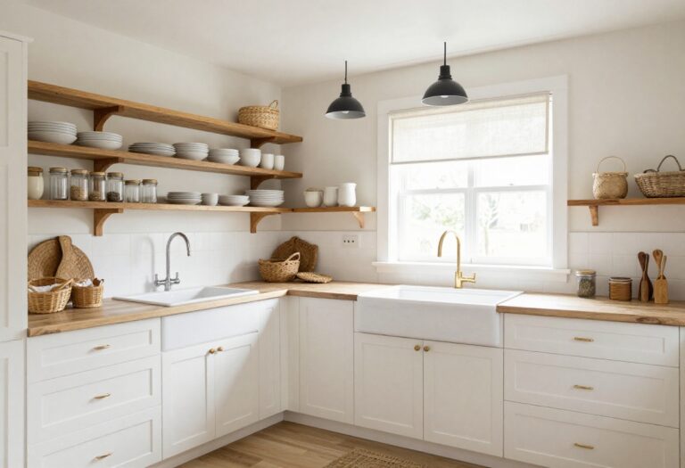 Cozy farmhouse small kitchen with open shelving, apron sink, and butcher block countertops