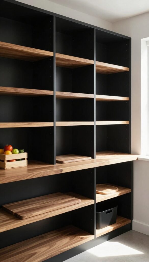 Black pantry shelves with wood accents, cutting boards, and a butcher block countertop in natural light.