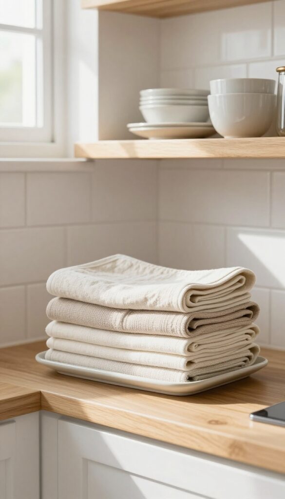 Neutral linen towels stacked neatly on an open kitchen shelf on a ceramic tray, with natural light and white tile background.