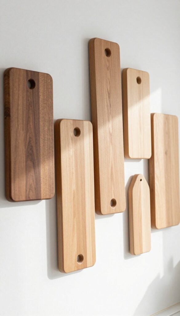 White kitchen wall with wooden cutting boards arranged as wall decor, adding natural warmth and texture.