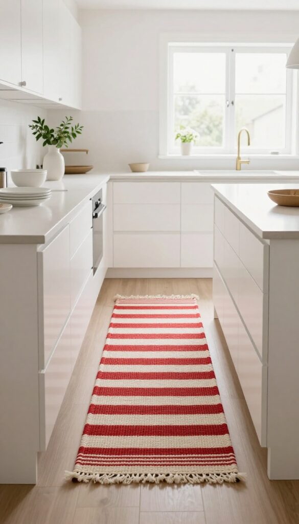 Light and airy kitchen with a red and white striped runner rug on the floor between white cabinets and an island.