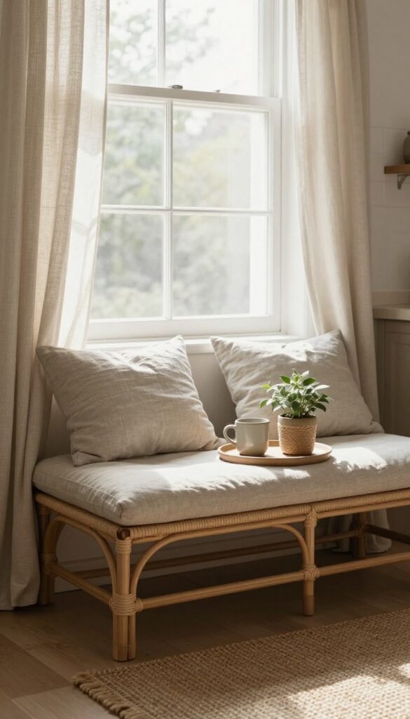 Cozy kitchen window seat with rattan bench, linen cushions, jute rug, and natural materials in warm morning light