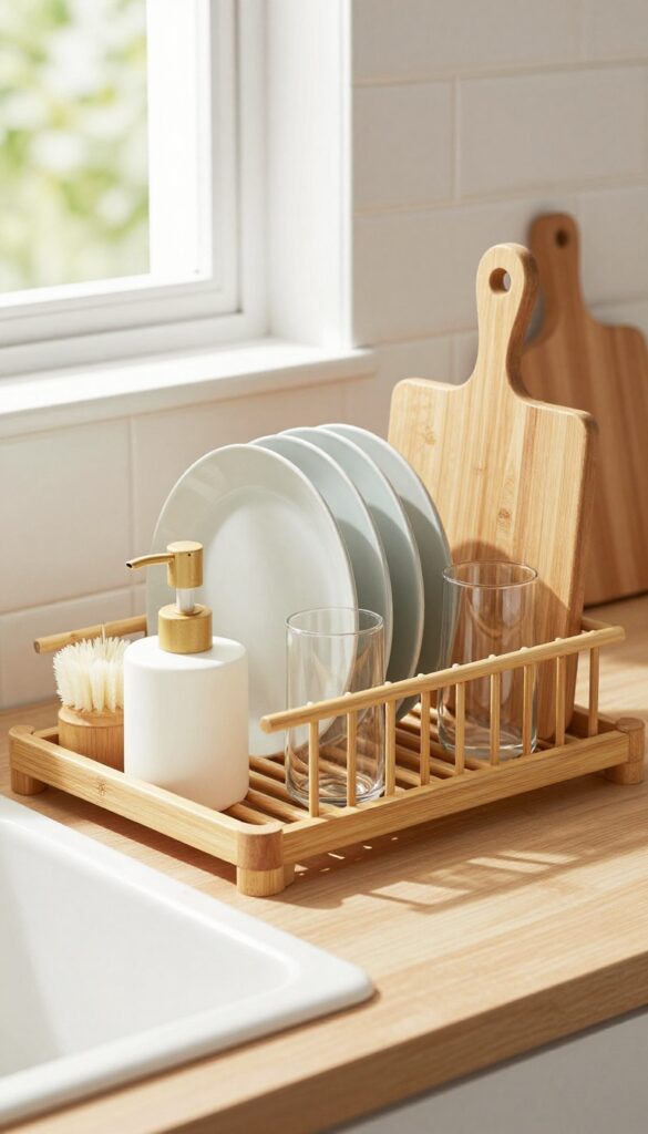 Over-the-sink bamboo drying rack with storage shelf in a bright modern kitchen