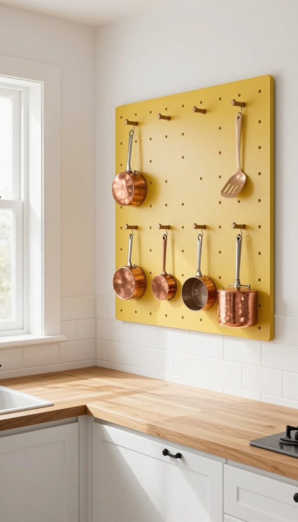 Small kitchen with mustard yellow pegboard wall holding copper pots and pans, white subway tile, wood countertop, natural light.