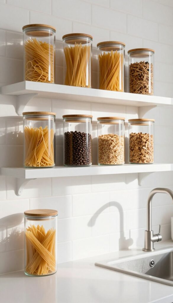 Tall slim glass canisters lined up on narrow kitchen shelves above a sink, modern and organized.