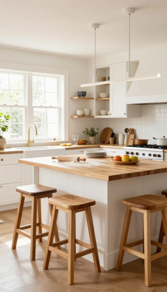 Two-level kitchen island with butcher block prep side and raised dining bar with stools, warm lighting, and clean background.