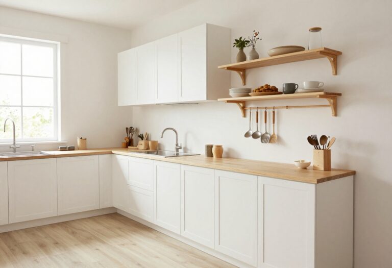 Bright narrow kitchen with floating shelves, rolling cart, and pegboard wall