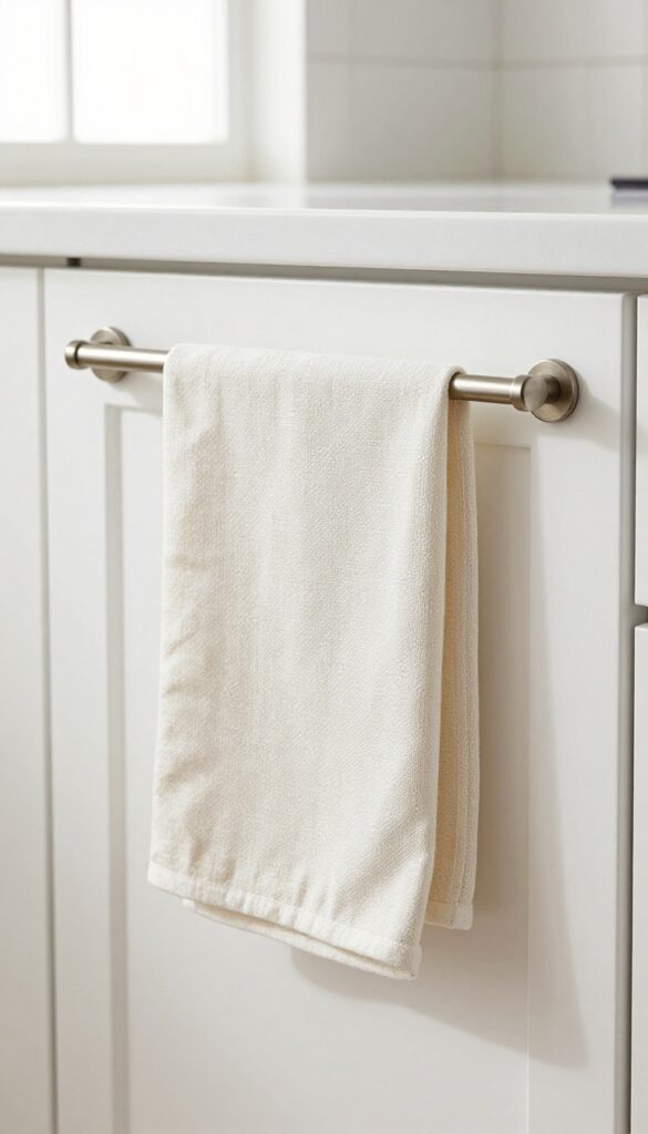 Kitchen cabinet end panel with a towel bar holding a folded dish towel