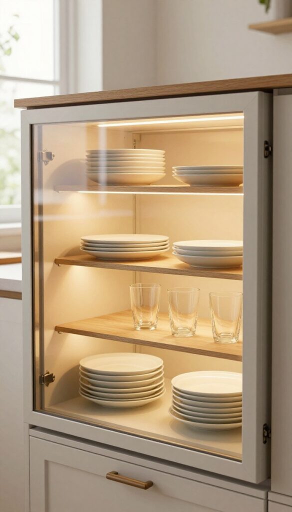 Kitchen cabinet with glass doors and interior LED lighting, showing warm glow on dishes
