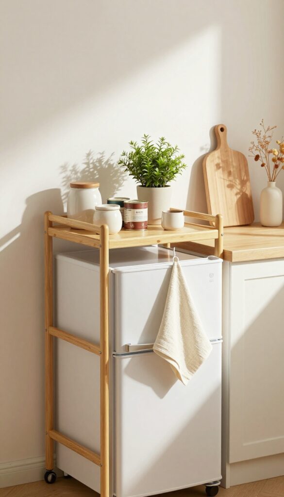 Slim bamboo rolling cart beside fridge in kitchen corner