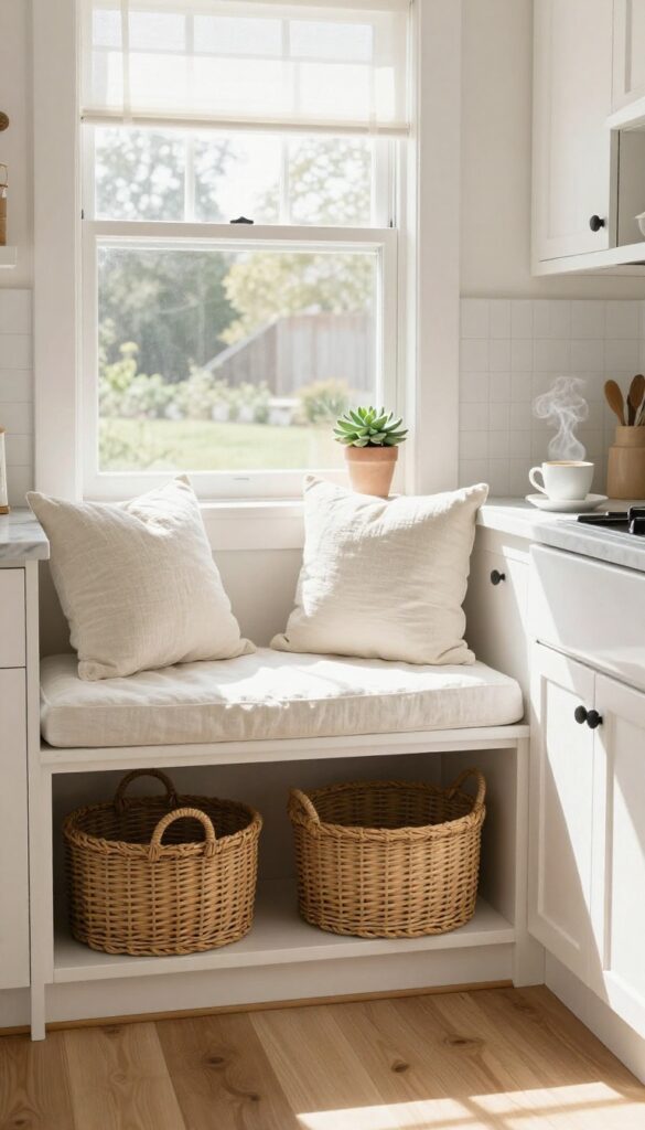 Cozy kitchen window seat with under-bench woven baskets for storage, bathed in natural light.