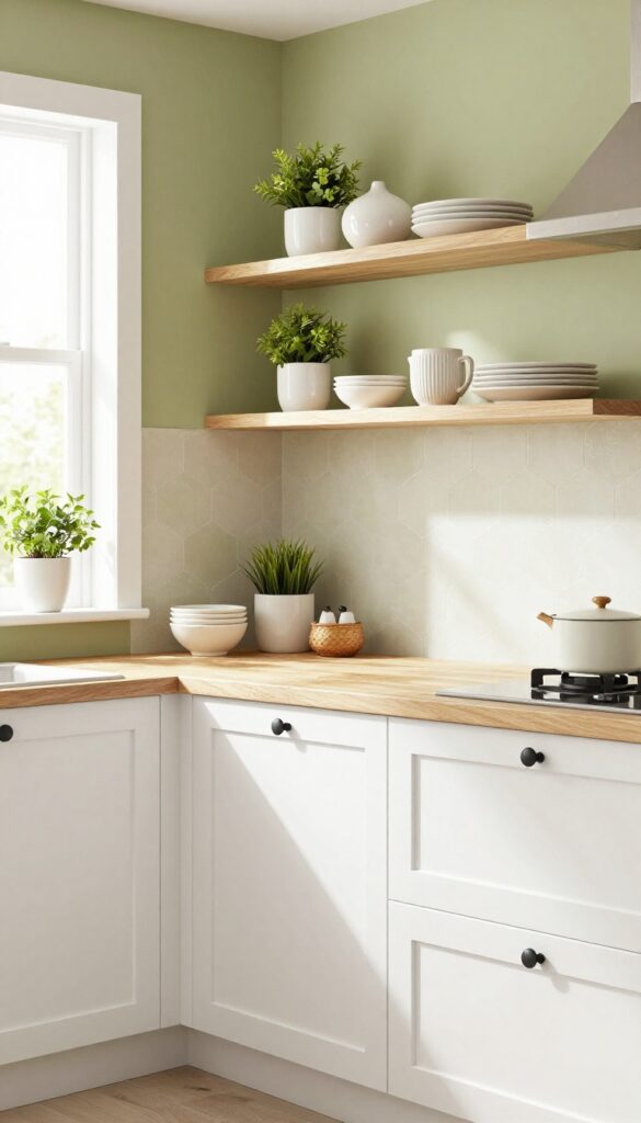 Kitchen with olive green accent wall, peel-and-stick backsplash, open shelving, and natural light