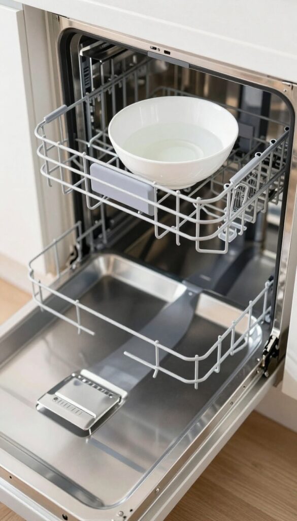 Dishwasher top rack with a bowl of white vinegar for a cleaning cycle