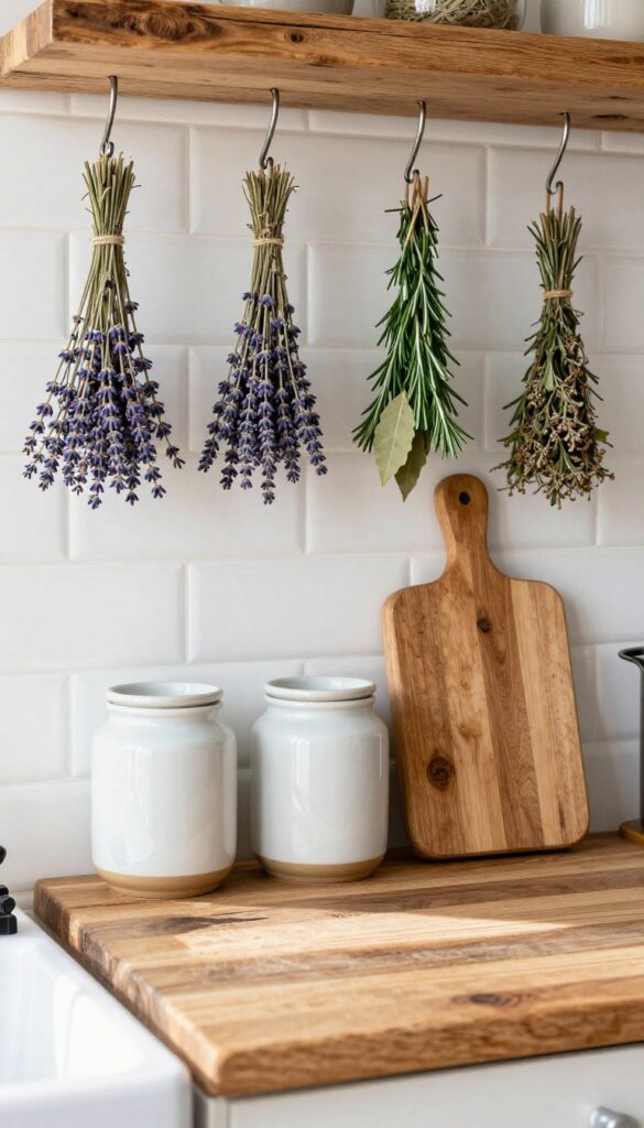 Rustic wooden shelf with hanging dried herbs above a kitchen stove, natural light, farmhouse style