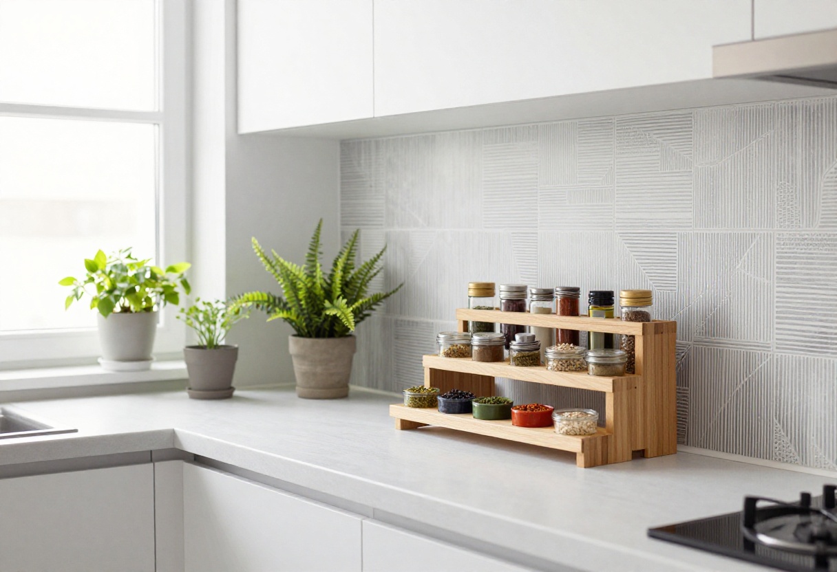 Organized spice jars on a tiered wooden rack in a bright modern kitchen