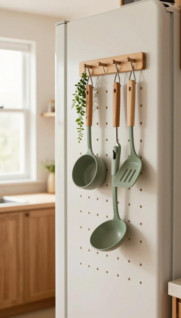 Sage green pegboard on wall beside fridge holding utensils and a small plant, warm kitchen decor