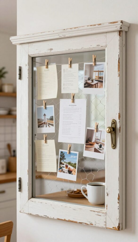Vintage window frame with chicken wire used as a kitchen memo board, with notes and photos clipped on, rustic farmhouse style.