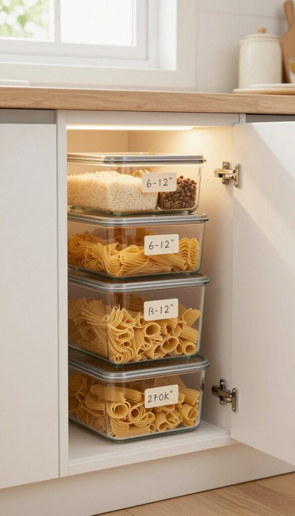 Narrow pull-out pantry installed between refrigerator and wall, organized with clear containers and warm lighting.