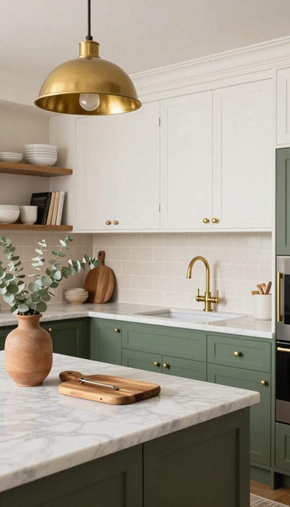 Olive green lower kitchen cabinets with white uppers, brass hardware, marble countertop, and natural light