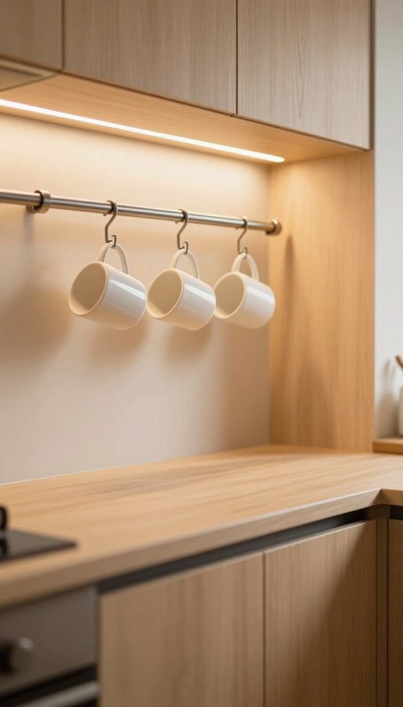 Under-cabinet lighting with a storage rail holding mugs and utensils in a bright, modern kitchen