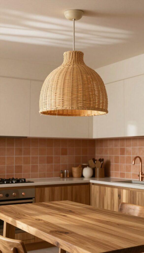 A woven pendant light made of natural fibers hangs above a kitchen island, casting warm light in a kitchen with terracotta tiles and wooden cabinets.