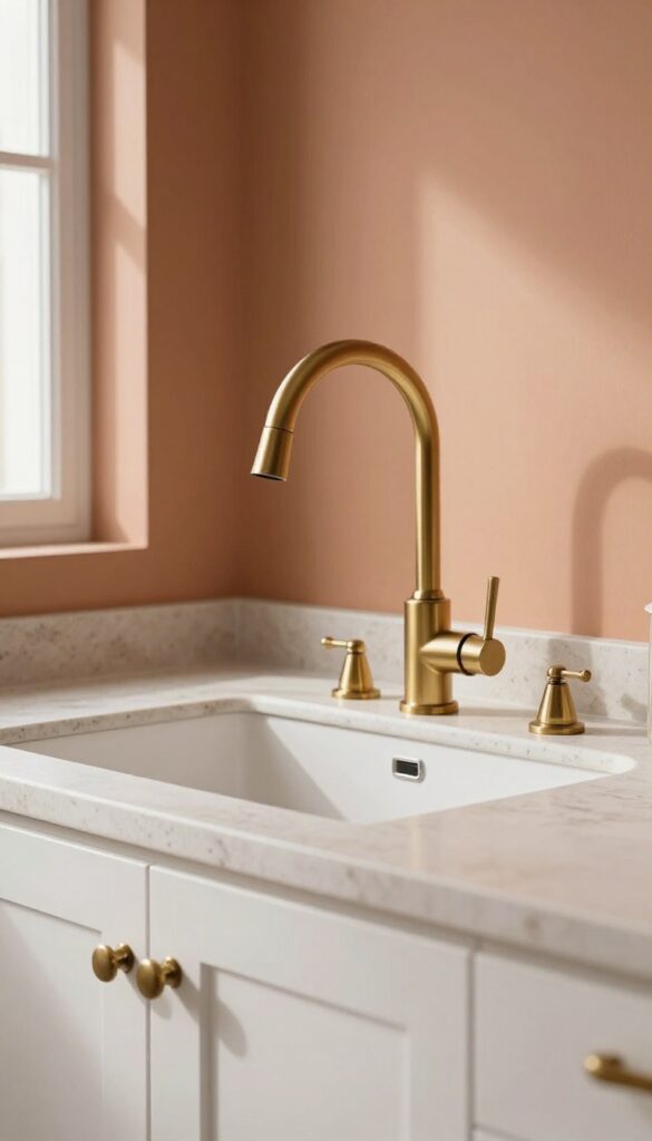 Close-up of a kitchen sink with unlacquered brass faucet and knobs, light cabinetry, pale terracotta wall, and natural stone countertop in soft natural light.