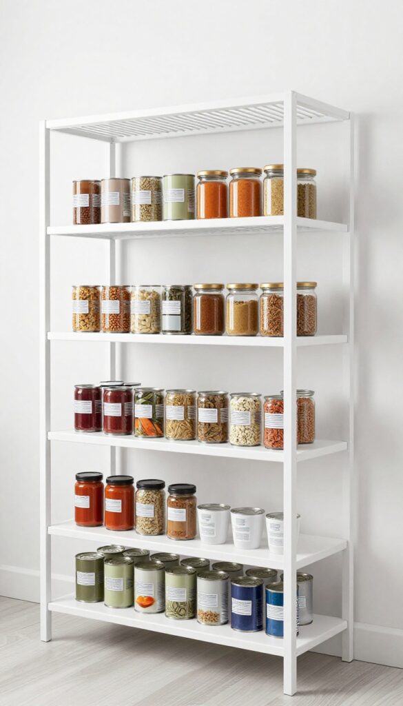 Pantry shelf with tiered wire risers organizing cans and spices
