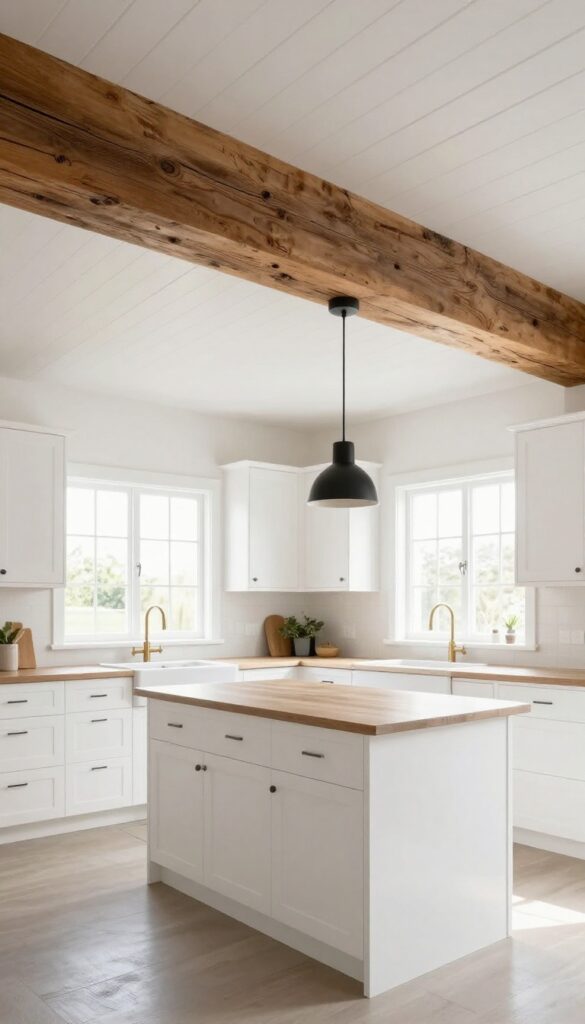Modern country kitchen with reclaimed wood ceiling beam and white beadboard ceiling, warm and cozy atmosphere
