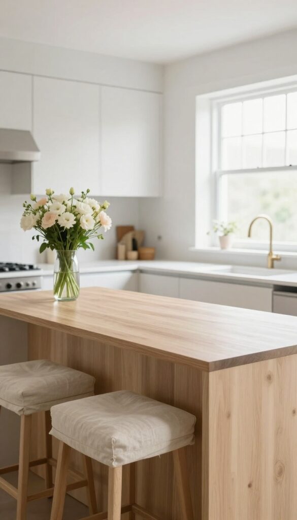 Kitchen island with two cushioned stools in light cream linen, removable covers, bright natural light, airy vibe.