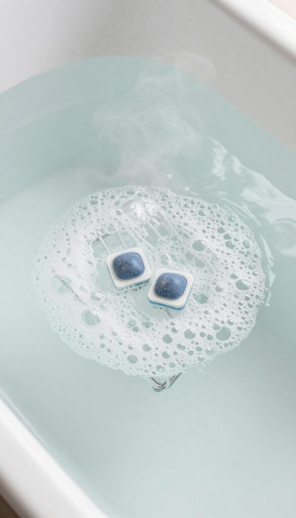 Oven racks soaking in a bathtub with dishwasher tablets, steam rising, bright natural light