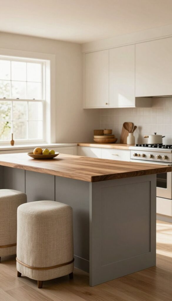Warm grey kitchen island with wooden countertop and upholstered bar stools in a bright, airy kitchen