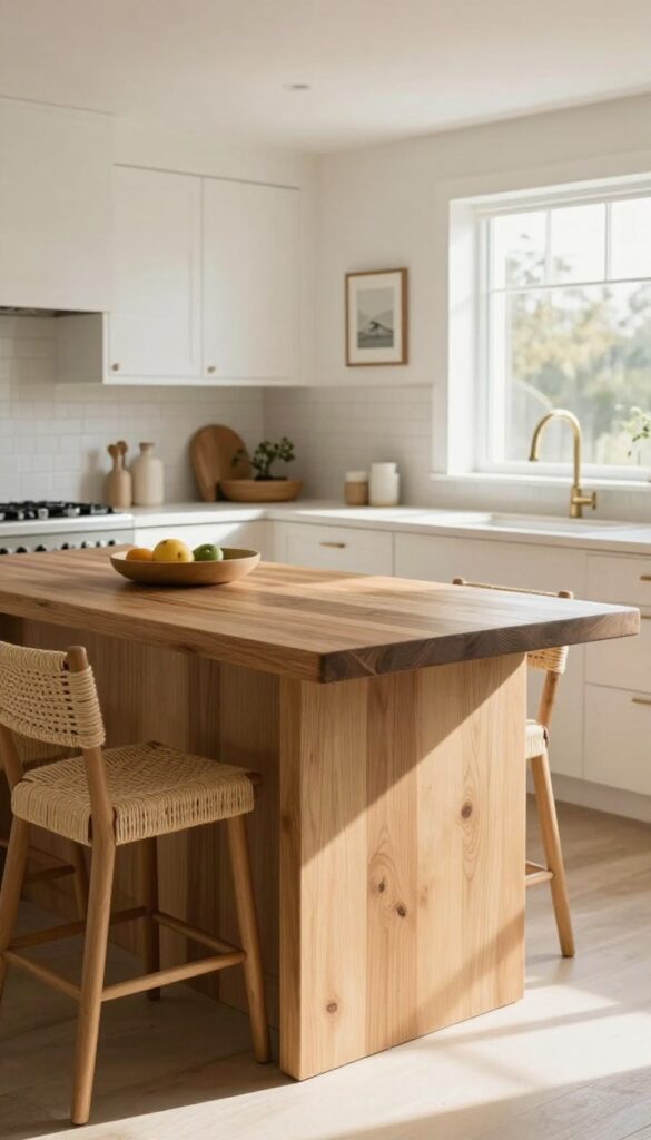 Kitchen island with splayed oak legs, thick wooden top, and woven bar stools in a bright, open layout with coastal decor.