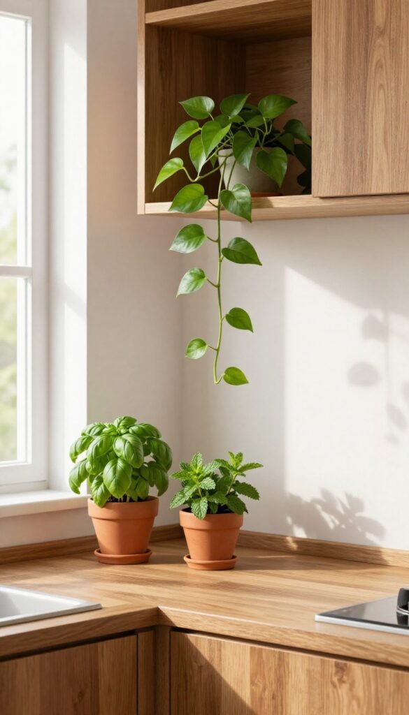 Green trailing pothos and potted herbs on an open shelf against brown kitchen cabinets