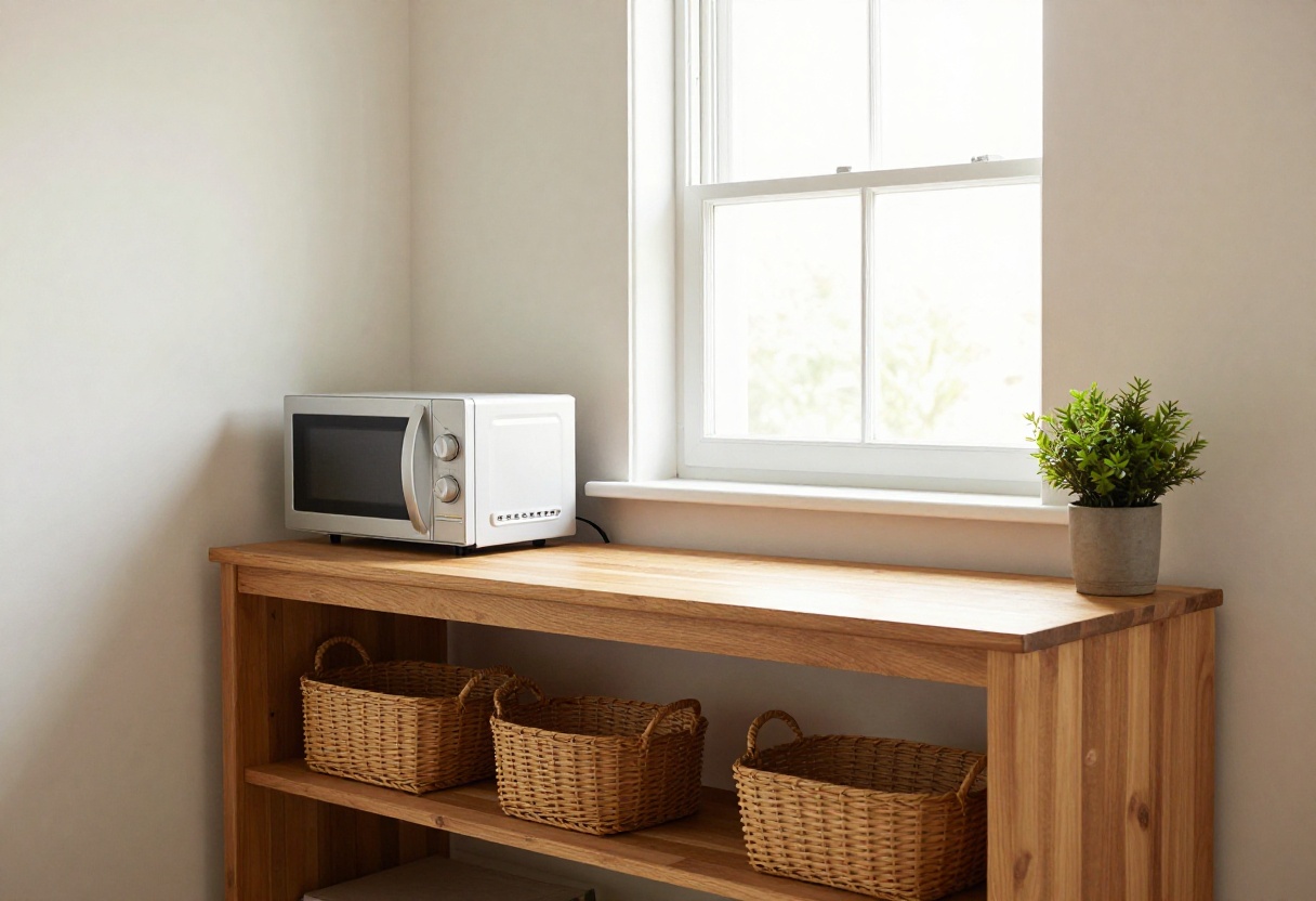 Small kitchen with microwave on a wooden cart by a window, warm and cozy decor