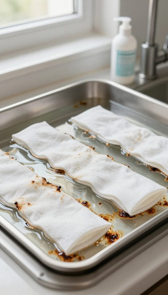 Baking sheet soaking in hot water with dryer sheets to remove burnt stains