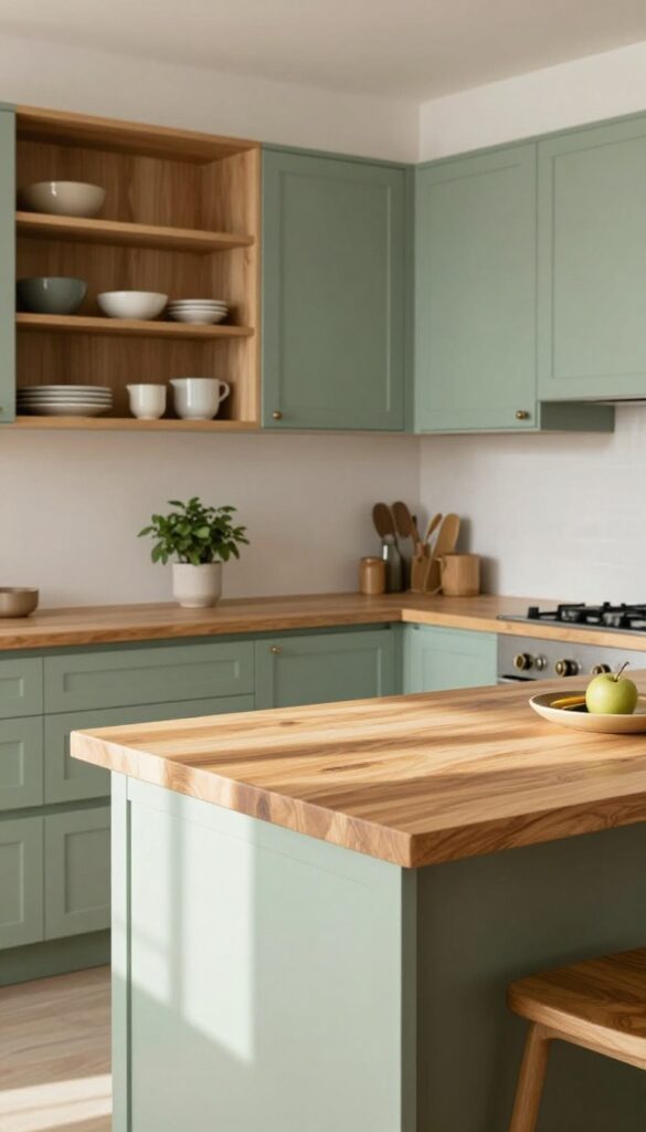 Sage green kitchen cabinets paired with warm wood open shelving and a butcher block island in natural light