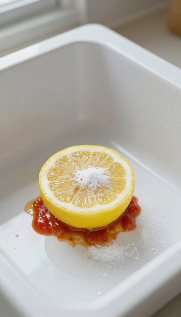 Lemon and baking soda paste scrubbing a tough stain inside a microwave