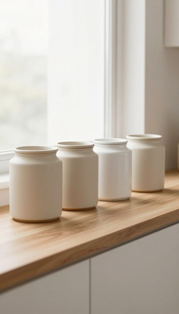 Uniform matte ceramic canisters on a kitchen shelf