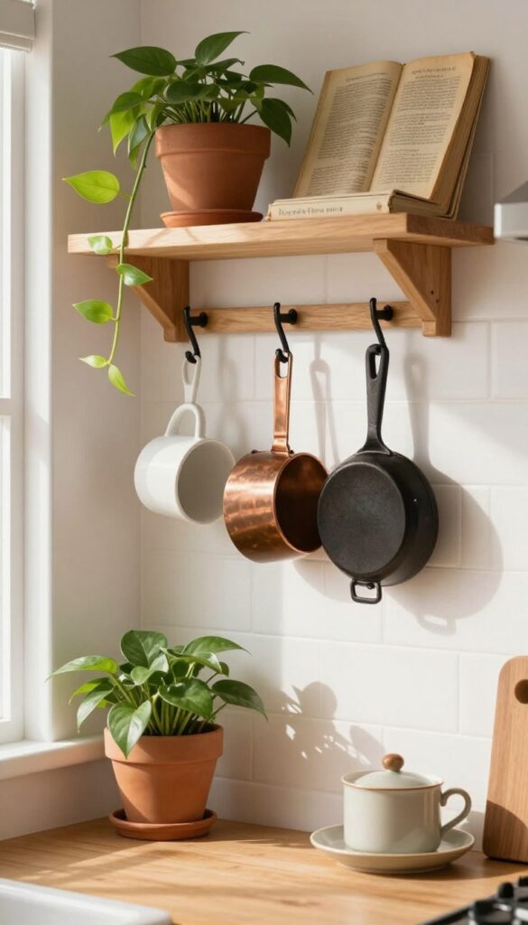 A warm kitchen corner with a wooden shelf and hooks holding mugs and a skillet, styled with a plant and cookbook.