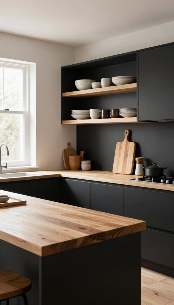 Matte black cabinets paired with warm wood open shelving and butcher block countertop in a bright, modern kitchen