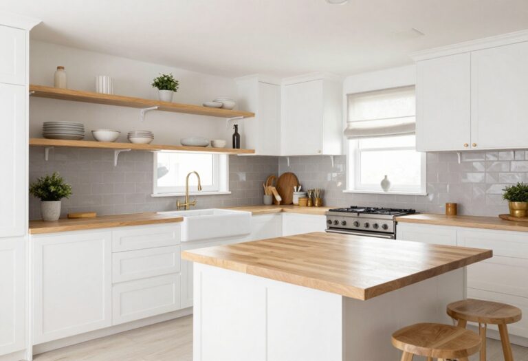 Modern cozy kitchen with white cabinets, wood island, open shelving, and herringbone backsplash